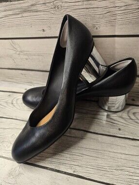 Salvatore Ferragamo Black Leather Pumps 9.5 Mirrored Silver Block Heel Italy